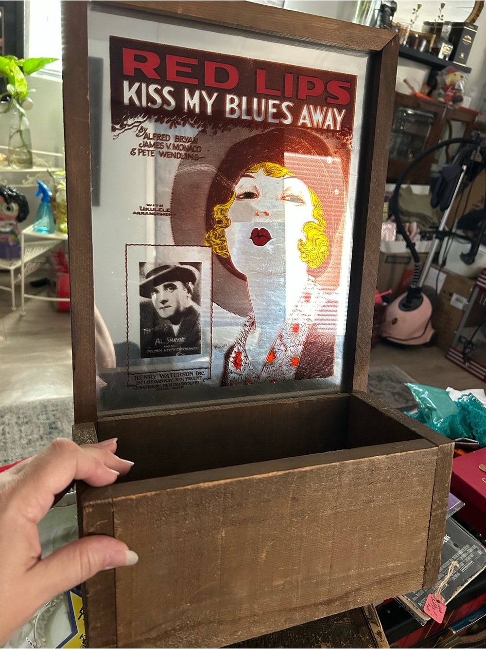 Vintage Wood Box/Planter With Reverse Paint Mirror Red Lips Kiss My Blues Away